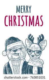 Dog Santa claus in hat, coat, sweater hug deer with glasses, scarf, horns, coat. Merry Christmas handwriting lettering. lettering. Vintage color engraving illustration. Isolated on white background