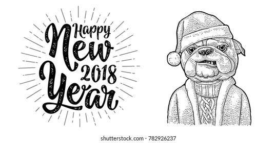 Dog Santa claus in hat, coat, sweater. Happy New Year 2018 calligraphy lettering with salute. Vintage black engraving illustration for poster. Isolated on white background