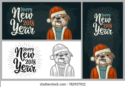 Dog Santa claus in hat, coat, sweater. Happy New Year 2018 calligraphy lettering. Vintage black and color engraving illustration for poster. Isolated on white background