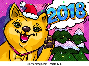 Dog in Santa Claus hat with open mouth and speech bubble 2018. Vector Christmas illustration in retro comic style. New Year party poster.