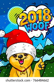 Dog in Santa Claus hat with open mouth and speech bubble 2018 Woof. Vector Christmas illustration in retro comic style. New Year party poster.