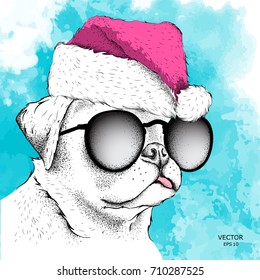 Dog in Santa Claus hat runs New Year's background. Vector illustration