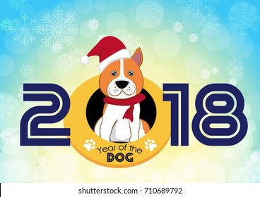 A Dog in Santa Claus hat sitting and smile. Dog is symbol of 2018 year on chinese calendar.