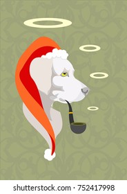 A dog in a Santa Claus hat smokes a pipe.