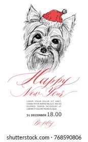 A dog in a Santa Claus hat. Yorkshire Terrier dog. Festive poster. Lettering. 2018