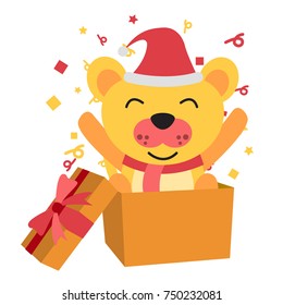 dog santa claus raise two leg happily and stand in gift box ,show time of christmas and new year and birthday,big head and flat style,vector illustration