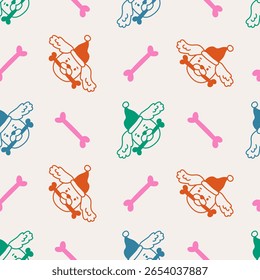 Dog in Santa Hat with Bone Seamless Pattern. Hand drawn Playful Christmas Pet Background with happy Puppy and eating Snack. Repeat vector illustration in doodle style