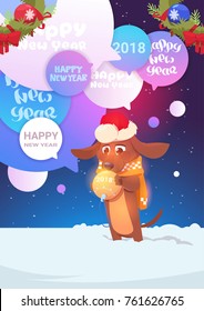 Hund in Weihnachtsmütze über Chat-Blase mit viel Glück Neujahr 2018 Nachrichten Holiday Grußkartenvektorgrafik