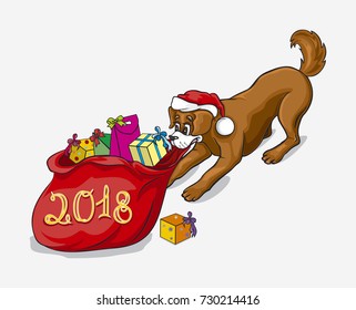 A dog in a santa hat pulls a bag with gifts.
