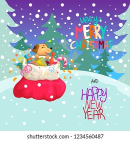 Dog in Santas bag with gifts. Fireworks and snow outdoors, fir-trees and snow. Cute cartoon animal. Merry Christmas and Happy New Year card. Design for banner or poster. Vector illustration concept