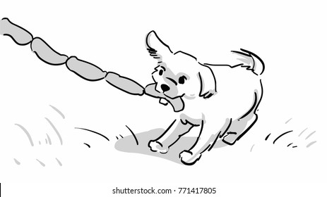 Dog with sausages. Black and white vector sketch. Simple drawing.