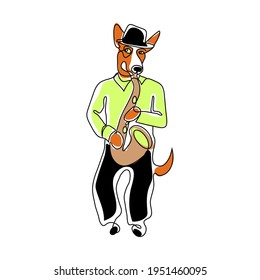 Dog with a saxophone. Doodle vector image one line dog man playing the saxophone jazz, blues. 