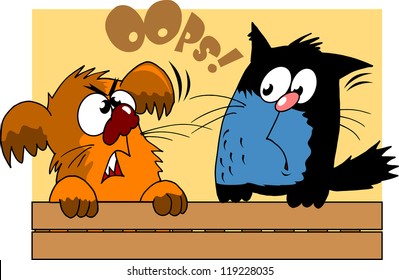 dog scared the cat sitting on the fence (vector illustration);