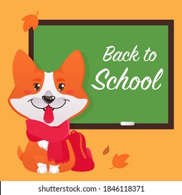 Dog in a scarf on the background of a school board and the inscription in chalk Back to school