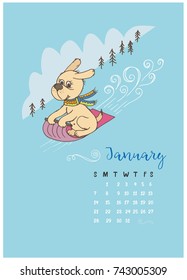 Dog in a scarf on a sled rolls down from the mountain, a calendar for the month of January 2018