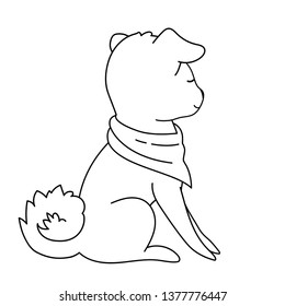 Dog in scarf sit sideways with eyes closed. Vector illustration for coloring book, stencil, design, prints.