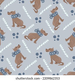 Dog in scarf winter seamless pattern. Cute pet seamless background with funny puppy, dots, coniferous branch on cozy gray neutral background 