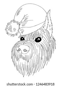 Dog a schnauzer face in a new year hat graphic black white isolated sketch illustration vector