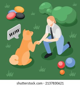 Dog School Isometric Background With Glass Lawn Scenery And Dog Shaking Human Hand With Thought Bubble Vector Illustration