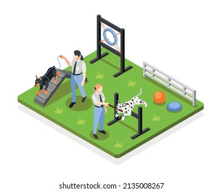 Dog school isometric composition with outdoor playground scenery and people leading dogs with barriers to jump vector illustration