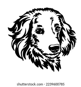 Dog Scottish setter spaniel portrait; muzzle face. Silhouette. Line art. Template. Close-up. Clip art. Ink. Black and white. laser cut; papercut; silhouette stencil cameo cricut, Logo, emblem