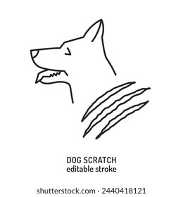 Dog scratch. Common pet behavior symbol. Excessive scratching. Linear icon, sign, pictogram. Veterinarian concept. Editable isolated vector illustration in outline style on a white background