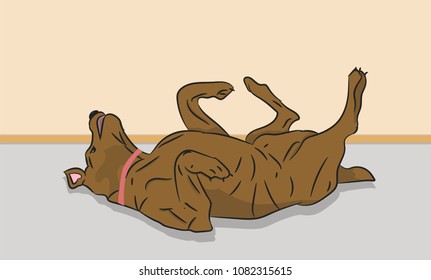 dog scratches his back on the floor, house, vector