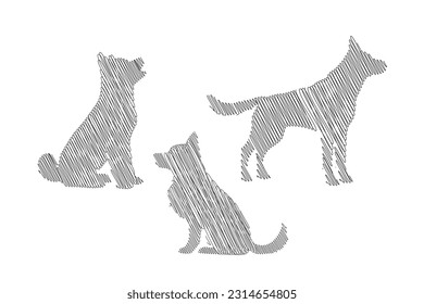 Dog Scribbles- three dogs made using scribbles, hand drawn design, scribble different dog standing illustration