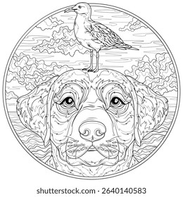 A dog and a seagull on her head in a round frame.Coloring book antistress for children and adults. Illustration isolated on white background.Zen-tangle style. Hand draw
