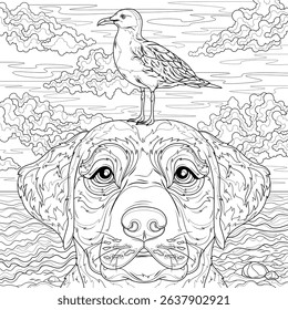 A dog and a seagull on her head.Coloring book antistress for children and adults. Illustration isolated on white background.Zen-tangle style. Hand draw