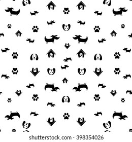 Dog seamless. Dog and dog's footprint seamless. Dog paw seamless. Ideal black and white background for pet. Dog house seamless