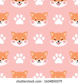 Dog Seamless Pattern Background, Happy shiba inu with dog paw and bone, Cartoon Shiba Dog Vector illustration, scandinavian wallpaper background