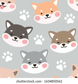 Dog Seamless Pattern Background, Happy shiba inu with dog paw and bone, Cartoon Shiba Dog Vector illustration, scandinavian wallpaper background