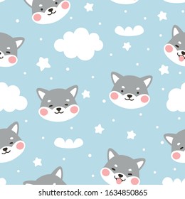 Dog Seamless Pattern Background, Happy shiba inu with dog paw and bone, Cartoon Shiba Dog Vector illustration, scandinavian wallpaper background