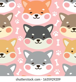 Dog Seamless Pattern Background, Happy shiba inu with dog paw and bone, Cartoon Shiba Dog Vector illustration, scandinavian wallpaper background