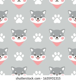 Dog Seamless Pattern Background, Happy shiba inu with dog paw and bone, Cartoon Shiba Dog Vector illustration, scandinavian wallpaper background