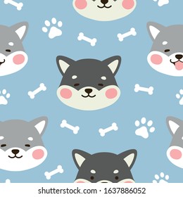 Dog Seamless Pattern Background, Happy shiba inu with dog paw and bone, Cartoon Shiba Dog Vector illustration, scandinavian wallpaper background