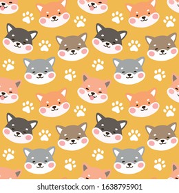 Dog Seamless Pattern Background, Happy shiba inu with dog paw and bone, Cartoon Shiba Dog Vector illustration, scandinavian wallpaper background