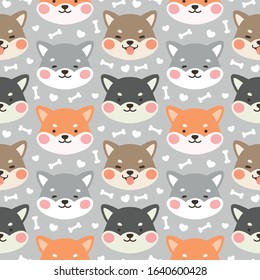 Dog Seamless Pattern Background, Happy shiba inu with dog paw and bone, Cartoon Shiba Dog Vector illustration, scandinavian wallpaper background