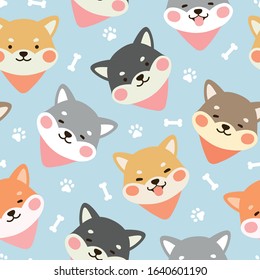 Dog Seamless Pattern Background, Happy shiba inu with dog paw and bone, Cartoon Shiba Dog Vector illustration, scandinavian wallpaper background