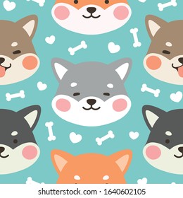Dog Seamless Pattern Background, Happy shiba inu with dog paw and bone, Cartoon Shiba Dog Vector illustration, scandinavian wallpaper background