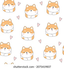 Dog Seamless Pattern Background, Happy shiba inu with dog paw and bone, Cartoon Shiba Dog Vector illustration, scandinavian wallpaper background
