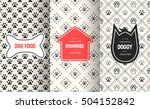Dog seamless pattern background. Vector illustration for animal pet design. Bone, paw print, puppy house. Stylish decorative label set. White black colors.