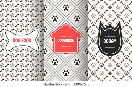 Dog seamless pattern background. Vector illustration for animal pet design. Bone, paw print, puppy house. Stylish decorative label set. White black colors.