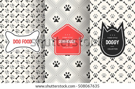 Dog seamless pattern background. Vector illustration for animal pet design. Bone, paw print, puppy house. Stylish decorative label set. White black colors.