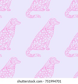 Dog. Seamless pattern. Boho style. Hand drawn dog with abstract patterns on isolation background. Zen art. Design for spiritual relaxation for adults. Design Zentangle. Art creative. Illustration