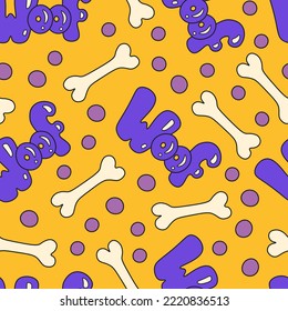 Dog seamless pattern with bone and lettering. Funny colorful background for pets with graffiti inscription, bones and round dots cartoon retro style. Doggy y2k vector illustration for pets textile