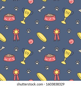 Dog seamless pattern for card, paper, scrapbook, wrapping, backdrop, texture. Pet background bones, paws trail, puppy toys and other elements. Vector illustration