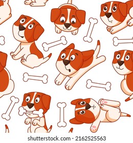 Dog seamless pattern. Cartoon beagle and bones on repeat texture. Funny poses or actions. Trendy domestic animals. Pets emotions. Mammal running and sitting. Vector canine art background