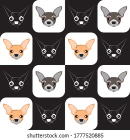 Dog seamless pattern, Chihuahua on black & white background, Dog icons. 